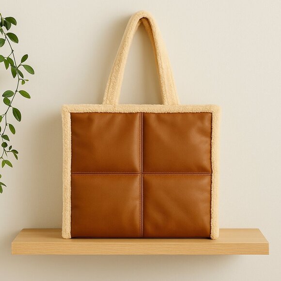 Sondra Roberts Quilted Shopper with Shearling Trim in Caramel NWOT - Picture 2 of 8